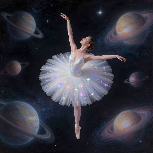 Photograph of a ballerina in a sparkling white tutu with starlight patterns, floating in space surrounded by colorful planets.