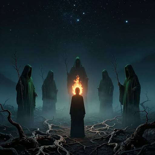 Digital artwork of a hooded figure with a lit torch, surrounded by shadowy, robed figures in a starry, misty, treeless