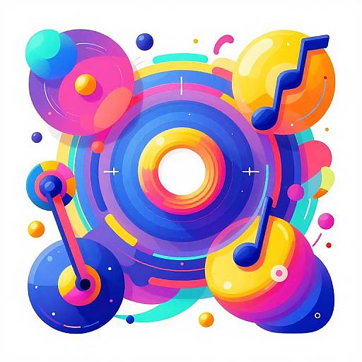Vibrant abstract digital art featuring colorful, overlapping circles and shapes in blue, pink, orange, yellow, and purple, with musical notes, on
