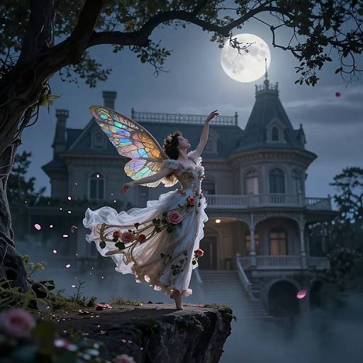 Fantasy photograph: Fairy with iridescent wings, white dress, flower wreath, dancing under full moon, in front of a gothic mansion