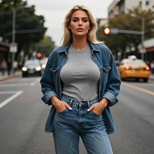 Photograph of a blonde woman with long hair, wearing a gray t-shirt, blue denim jacket, and high-waisted jeans, standing confidently on