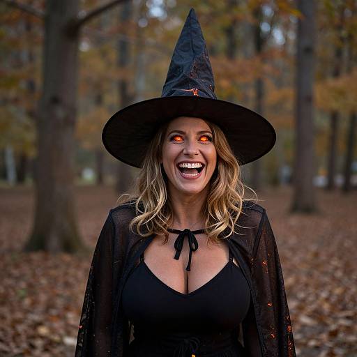 Photograph of a smiling woman with glowing orange eyes, wearing a black witch hat and dress, standing in a forest of autumn leaves.