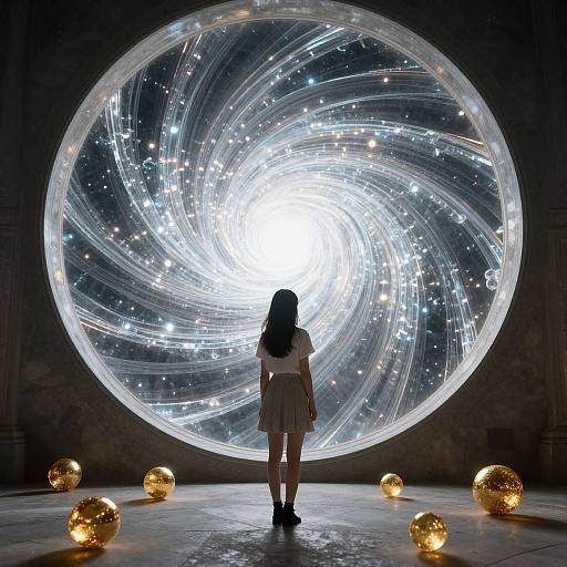 Photograph of a woman in a white dress and black shoes, standing before a glowing, swirling light sphere with golden spheres on the floor. Dark,