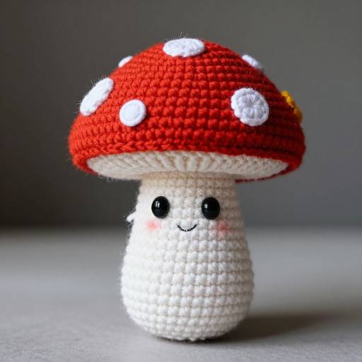 Crochet mushroom with red cap and white polka dots, black eyes, and blushing cheeks, standing on a gray surface.