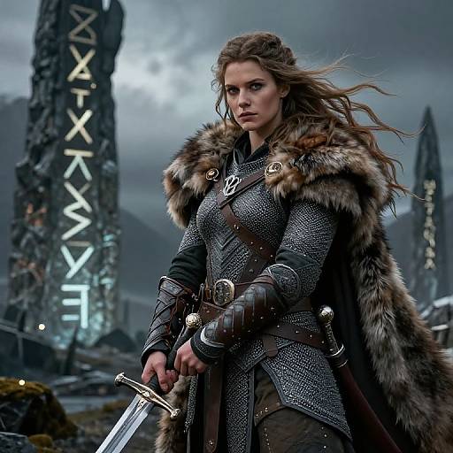 Photorealistic digital artwork: fierce young woman with long brown hair, wearing fur-trimmed armor, holding sword, standing in a dark, cloudy