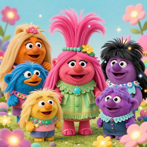 Photograph of colorful, fuzzy, smiling doll family with diverse hair colors, wearing tribal attire, surrounded by vibrant flowers and a bright blue sky.