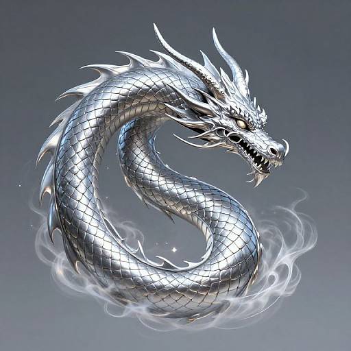 Digital artwork of a silver, serpentine dragon with sharp, white horns and scales, coiled with ethereal white smoke, against a gradient blue