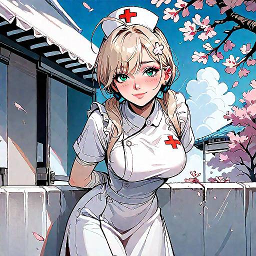 Anime Nurse with Long Twintails Outdoors