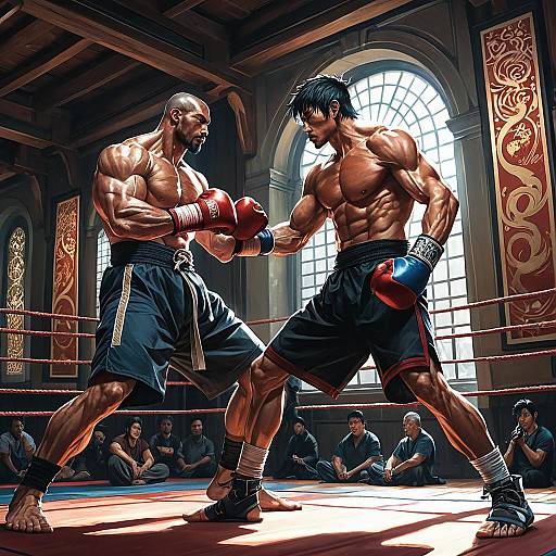 Intense Kickboxing Match in Classic Gym