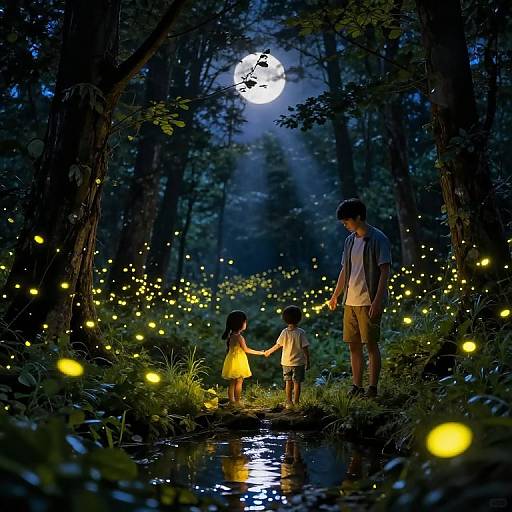 Enchanting nighttime forest scene: man, woman, and child hold hands, surrounded by glowing fireflies, under a bright full moon.