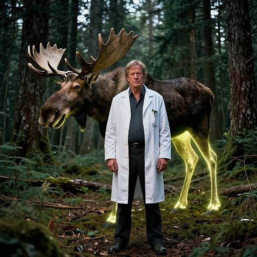 Photograph of middle-aged man in white lab coat standing in forest, with glowing yellow moose with large antlers behind him.