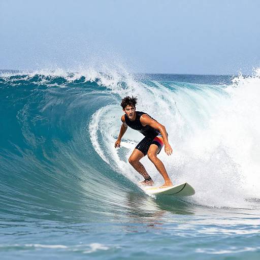 Photograph of a muscular man with dark spiky hair surfing a large, curling blue wave in bright sunlight, wearing a black tank top and red