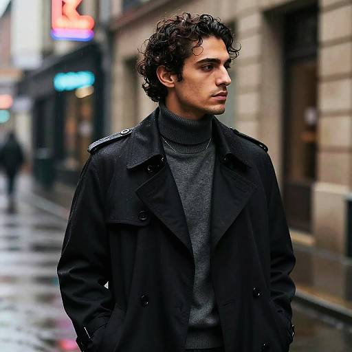 Photograph of a curly-haired young man with olive skin wearing a black coat and gray turtleneck, standing on a wet, urban street at night