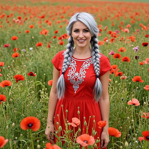 Smiling Woman in Red Poppy Field