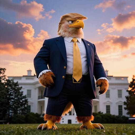 Photorealistic CGI of an anthropomorphic eagle in a navy suit, yellow tie, standing on grass at sunset in front of the White House.