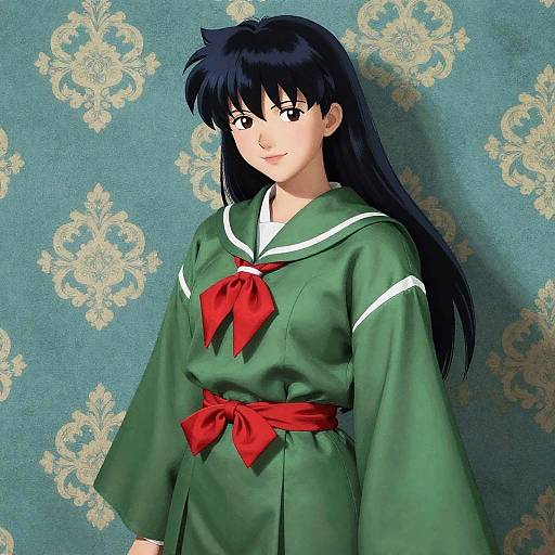 Anime-style drawing of a fair-skinned girl with long black hair, wearing a green sailor uniform with white trim and red ribbon, set against a blue