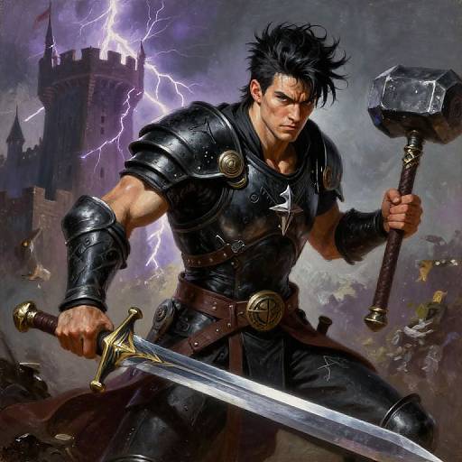 Digital artwork of a muscular, dark-haired warrior in black armor, holding a large hammer and sword, with a lightning-struck castle background.