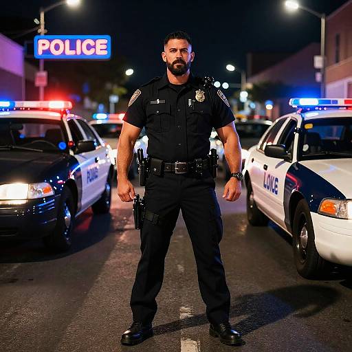 Confident Muscular Police Officer at Night