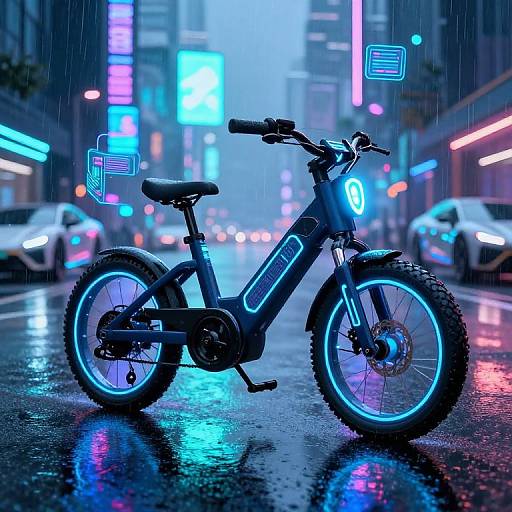 Neon-lit cyberpunk city street at night, rain pouring down. A glowing blue electric bicycle with illuminated 