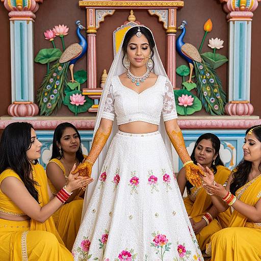 Photograph of a South Asian bride in white lace wedding attire with floral skirt, surrounded by bridesmaids in yellow sarees, holding hands, in front
