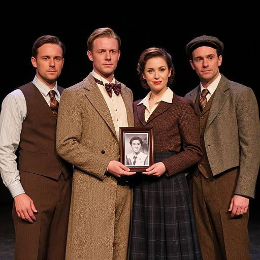 Photograph of four 1920s-style actors in formal attire, standing on stage, holding a framed black-and-white portrait of a man.