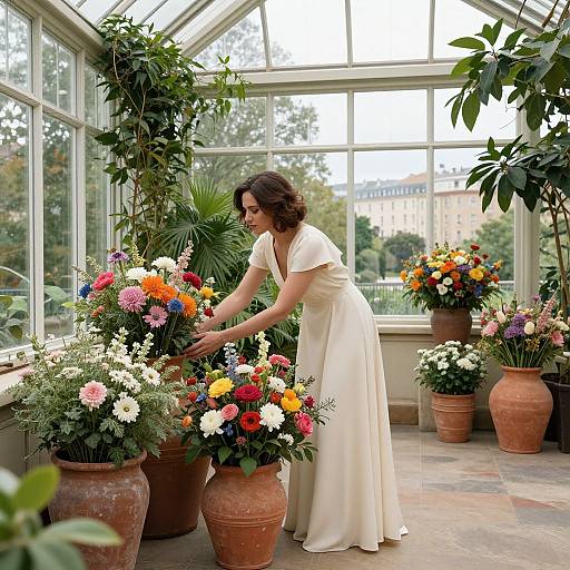 Photograph of a brunette woman in a cream dress, tending vibrant flower pots in a sunlit greenhouse with large windows.