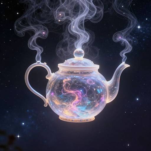 Glowing, transparent teapot with cosmic swirls inside, emitting wisps of smoke, floating in a starry night sky. Digital artwork.