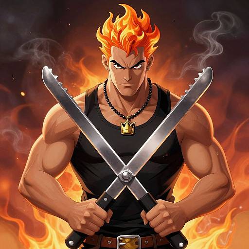 Muscular anime man with fiery orange hair, black tank top, and necklace, holding crossed swords against a fiery background.
