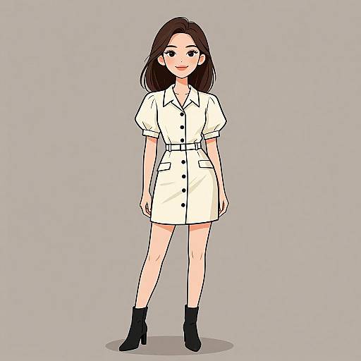 Digital anime-style drawing of a young woman with straight black hair, light skin, wearing a white buttoned dress, black belt, and black ankle boots