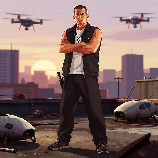 GTA-Inspired Vengeful Rooftop Samurai at Dawn