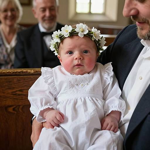 Photograph of a rosy-cheeked baby with a white flower crown, wearing a white, embroidered dress, being held by a man in a