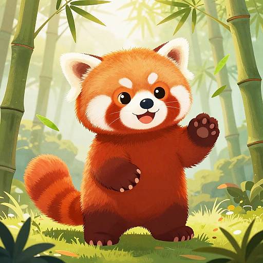 Cute digital illustration of a fluffy red panda standing in a sunlit bamboo forest, waving with a joyful expression.
