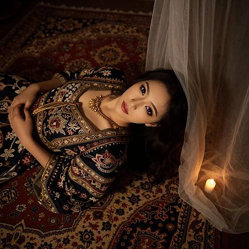 Photograph of a woman in an ornate black and gold traditional dress, lying on a patterned rug, with a sheer curtain and candlelight.
