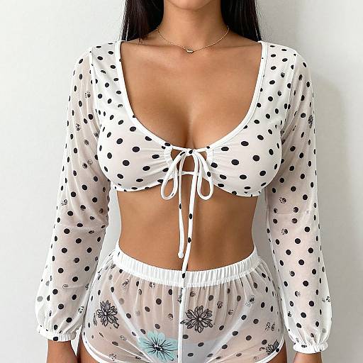 Photograph of a woman with tan skin wearing a white, long-sleeve, polka-dot crop top and matching high-waisted shorts,