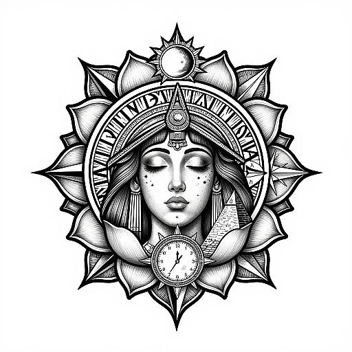 Black and white tattoo-style digital drawing of a serene, freckled woman's face surrounded by a detailed, spiked sunflower-like crown.