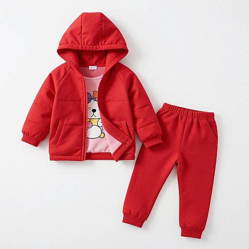 Photograph of a red child's hoodie and matching pants set, with a white shirt featuring a cute yellow cartoon dog inside.