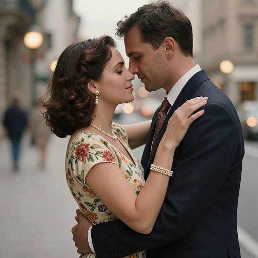 Photograph of a romantic couple in an urban street, woman in floral dress, pearl accessories, man in black suit, kissing, blurred city lights in