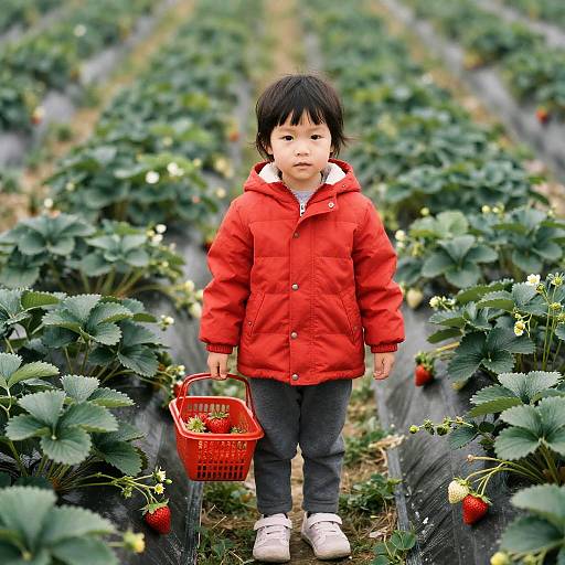 Child in Red Jacket Holding Strawberry Basket