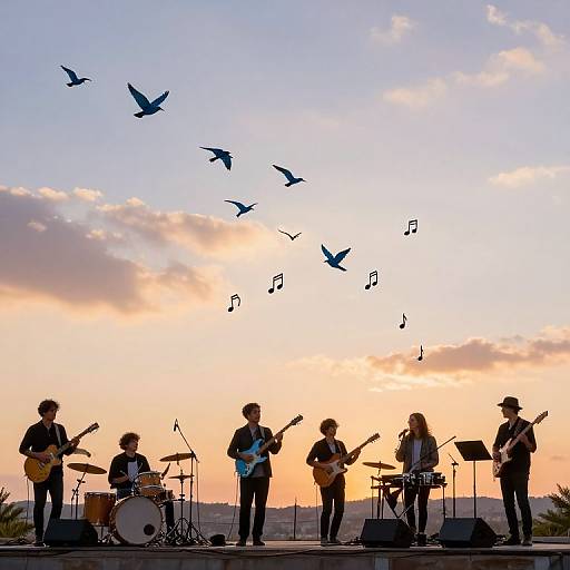 Photograph of a sunset silhouette band with five musicians, birds flying above, musical notes floating, and a vibrant sky.