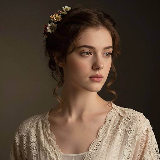 Photograph of a young woman with fair skin, brown wavy hair adorned with a floral headpiece, wearing a delicate lace white top, against a
