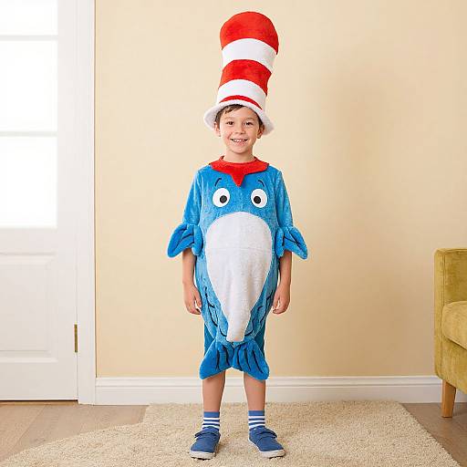 Photograph of a smiling young boy dressed as the Cat in the Hat, wearing a blue costume with a white belly, red and white hat, blue