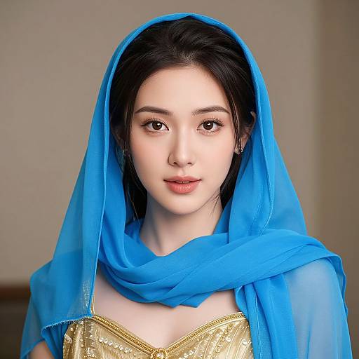 Photograph of a young Asian woman with fair skin, dark hair, and brown eyes, wearing a vibrant blue scarf and a gold-embellished
