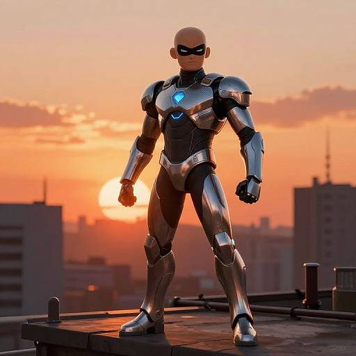 Bald Superhero on Futuristic Rooftop