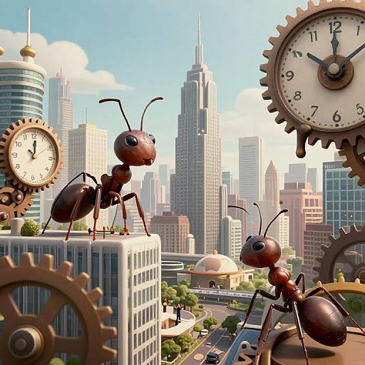 CGI illustration: Two oversized, anthropomorphic red ants stand on skyscrapers, with large clock gears in the foreground, against a sunny city skyline