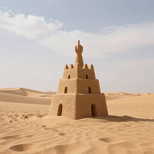 Photograph of a sandcastle with a tall, crenellated tower, set in a vast, sunlit desert with rolling sand dunes.