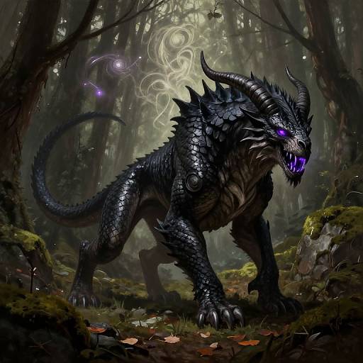 Digital artwork of a dark, dragon-like creature with purple eyes and glowing blue teeth, standing in a dense, moonlit forest.