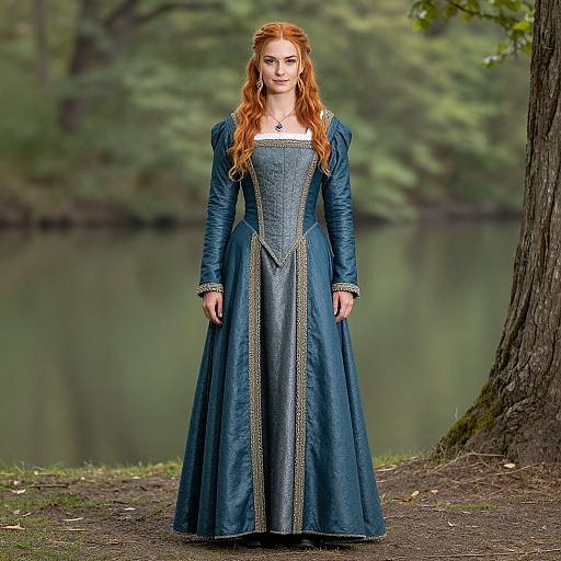 Photograph of a red-haired woman in a blue, medieval-style, long-sleeved gown with gold trim, standing by a forested lake.