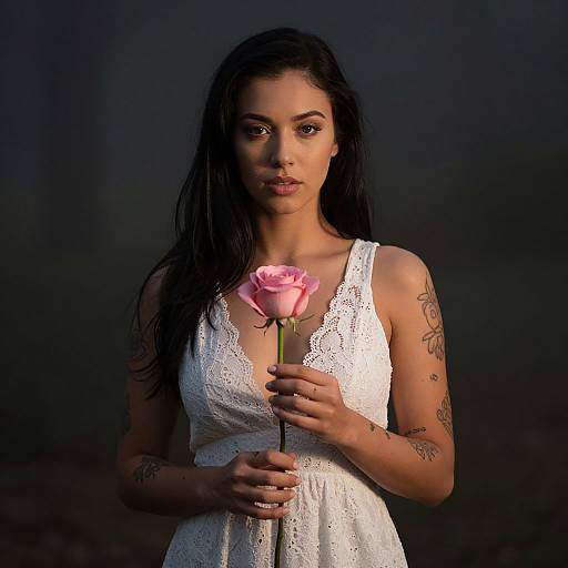Photograph of a tattooed, dark-haired woman with light brown skin, wearing a white lace dress, holding a pink rose, against a dark background