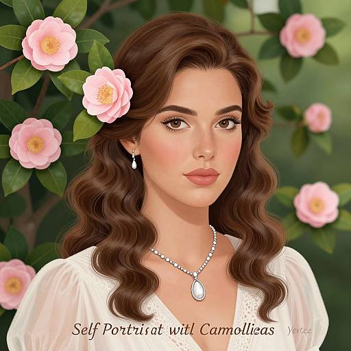 Digital portrait of a beautiful woman with wavy brown hair, adorned with pink roses, wearing a white dress and silver jewelry, set against a green,