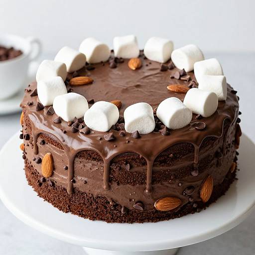 Photograph of a chocolate cake with dripping chocolate icing, topped with white marshmallows and almonds, on a white plate.